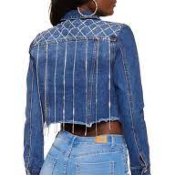 Distressed Jean Jacket with Rhinestone Fringe - Picture 2 of 9